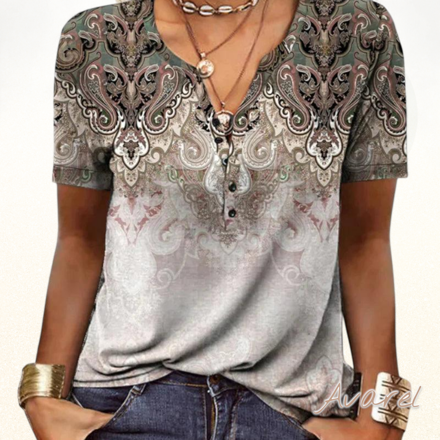 Stilvolles bedrucktes V-Ausschnitt T-Shirt mit kurze Ärmel