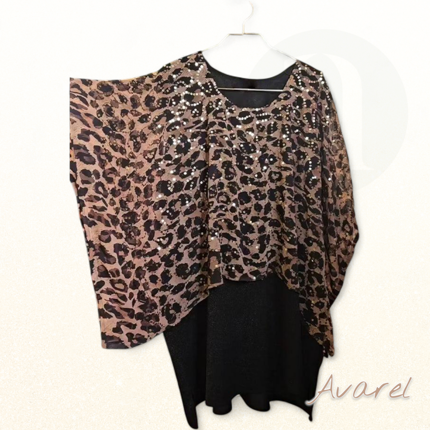 Stylischs Leopardenmuster T-Shirt mit funkelnde Paillette und elegante Fleedermausärmle