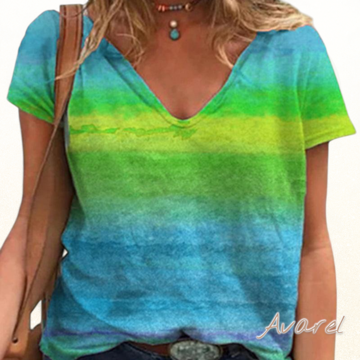 Bequemes V-Ausschnitt T-Shirt mit farbigem Regenbogen-Print für e ne lässige Look