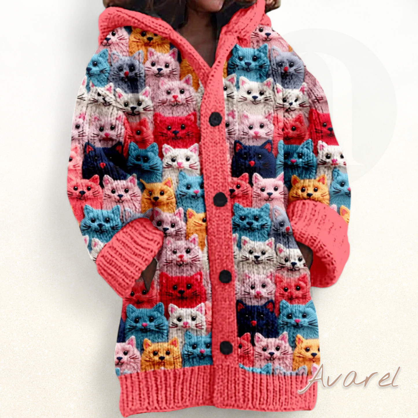 Froue Strickjacke für Frauen mit Kapuze und Katzenmuster – Trendiges Design, Knopfverschluss und Daunenisolierung für kalte Tage