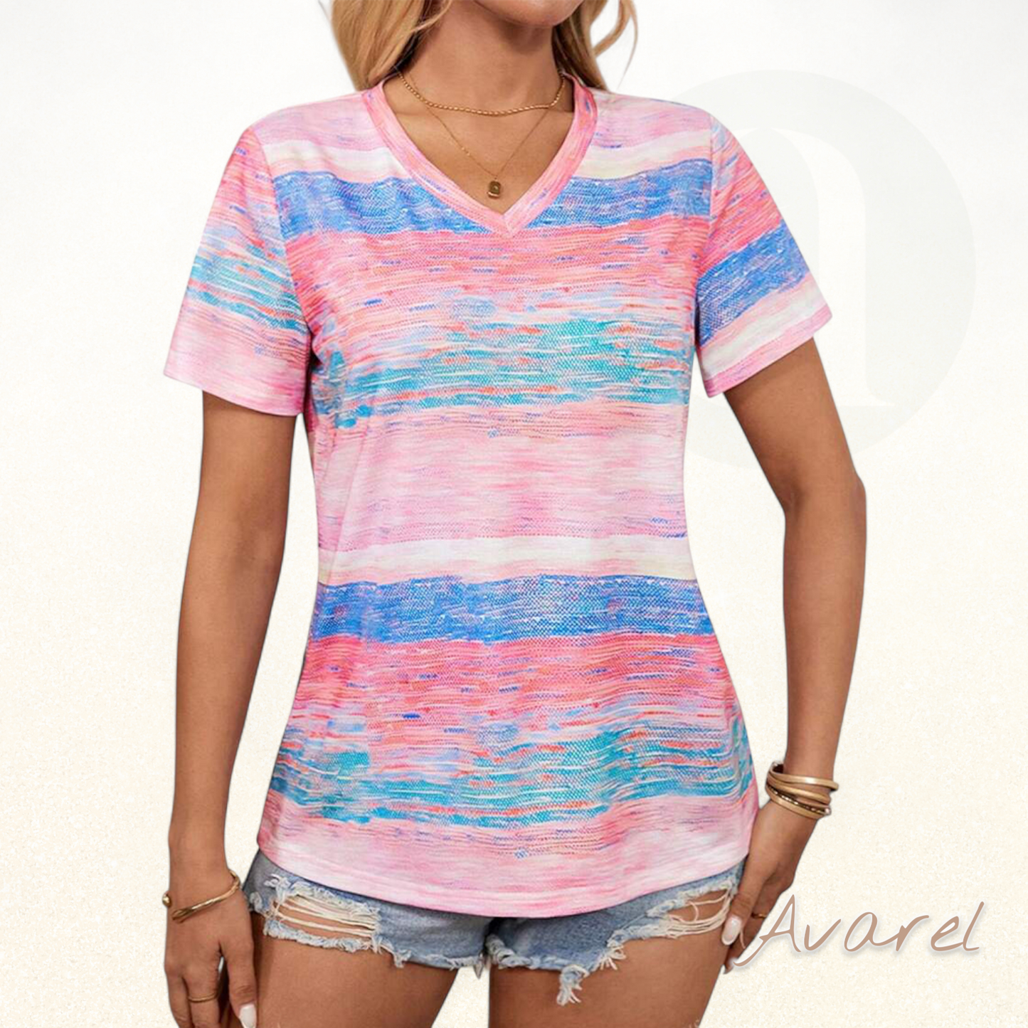 Vielseitigs bunt gestreifets V-Ausschnitt T-Shirt