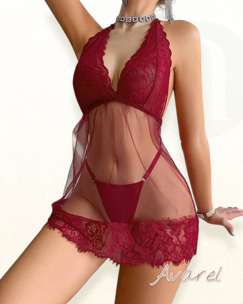 Eleganti Bluemen Spitze Halterneck Babydoll mit verführerischem String, perfekt für feminine Nächte