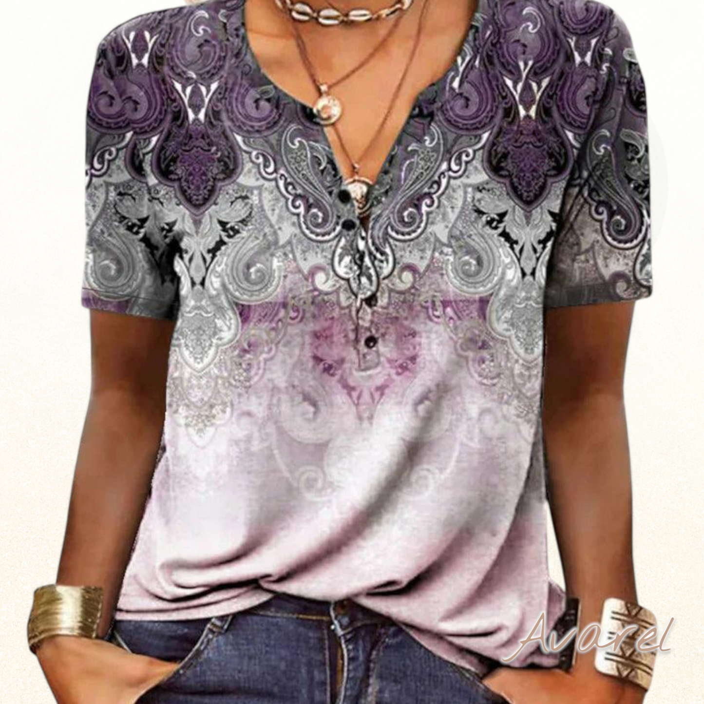 Stilvolles bedrucktes V-Ausschnitt T-Shirt mit kurze Ärmel