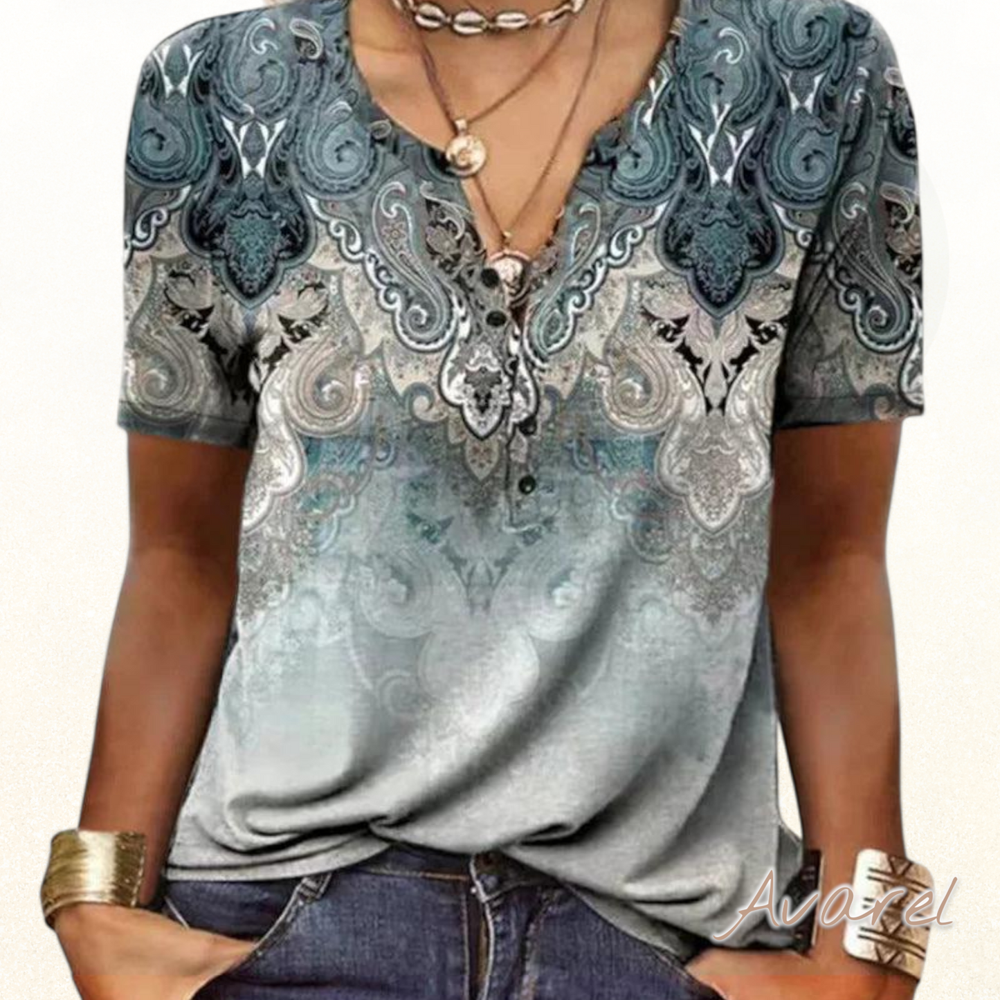 Stilvolles bedrucktes V-Ausschnitt T-Shirt mit kurze Ärmel