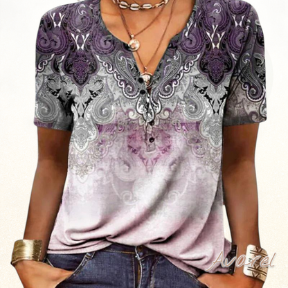 Stilvolles bedrucktes V-Ausschnitt T-Shirt mit kurze Ärmel