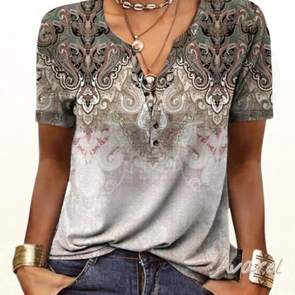 Stilvolles bedrucktes V-Ausschnitt T-Shirt mit kurze Ärmel