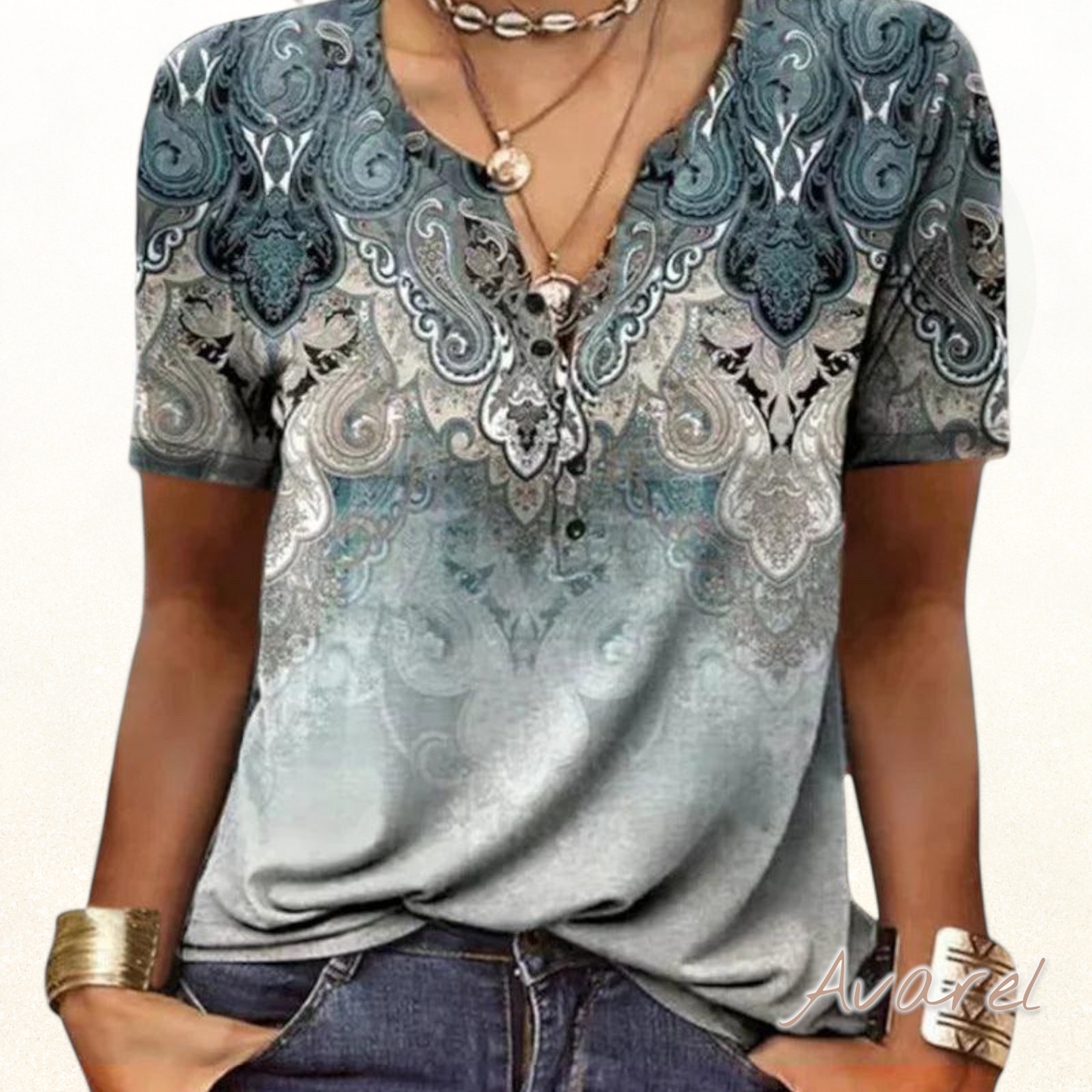 Stilvolles bedrucktes V-Ausschnitt T-Shirt mit kurze Ärmel