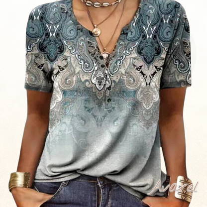 Stilvolles bedrucktes V-Ausschnitt T-Shirt mit kurze Ärmel