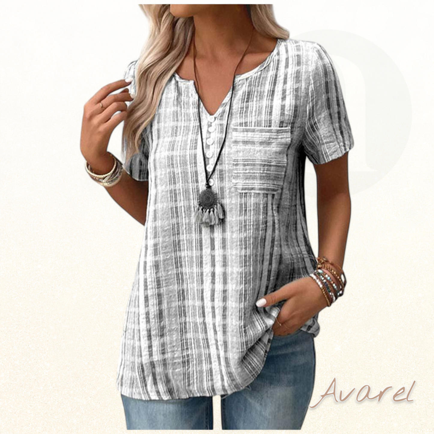 Bequems V-Ausschnitt T-Shirt mit stilvollem Streifen-Karomuster