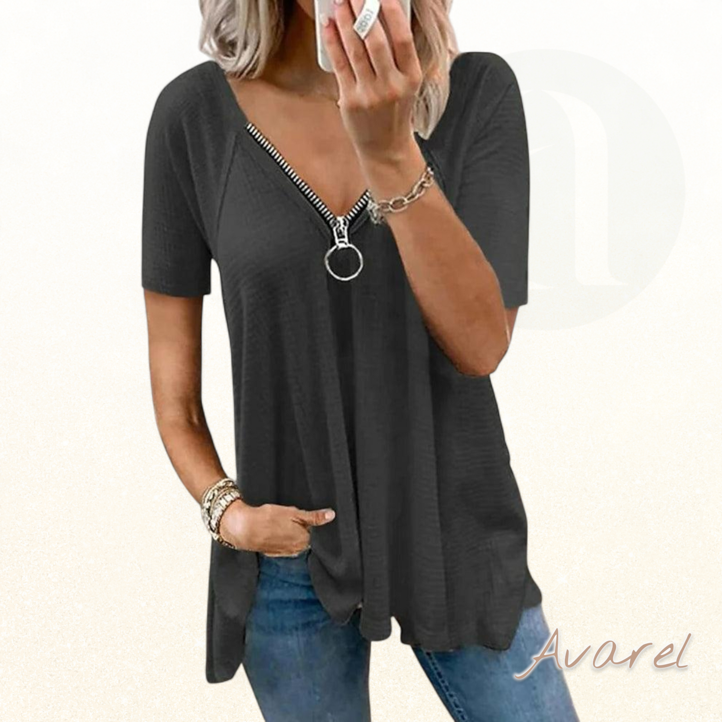 bequemes lockeres T-Shirt mit stilvollem V-Reissverschluss