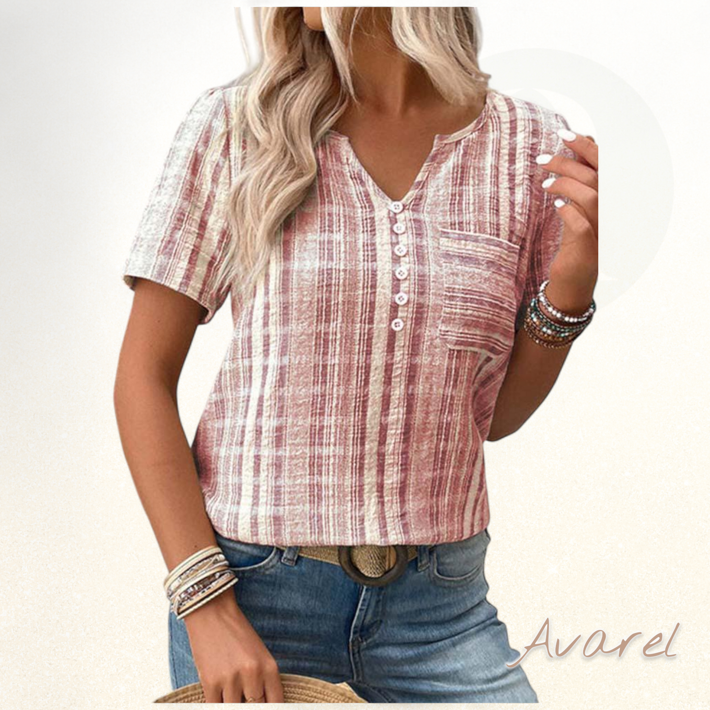 Bequems V-Ausschnitt T-Shirt mit stilvollem Streifen-Karomuster