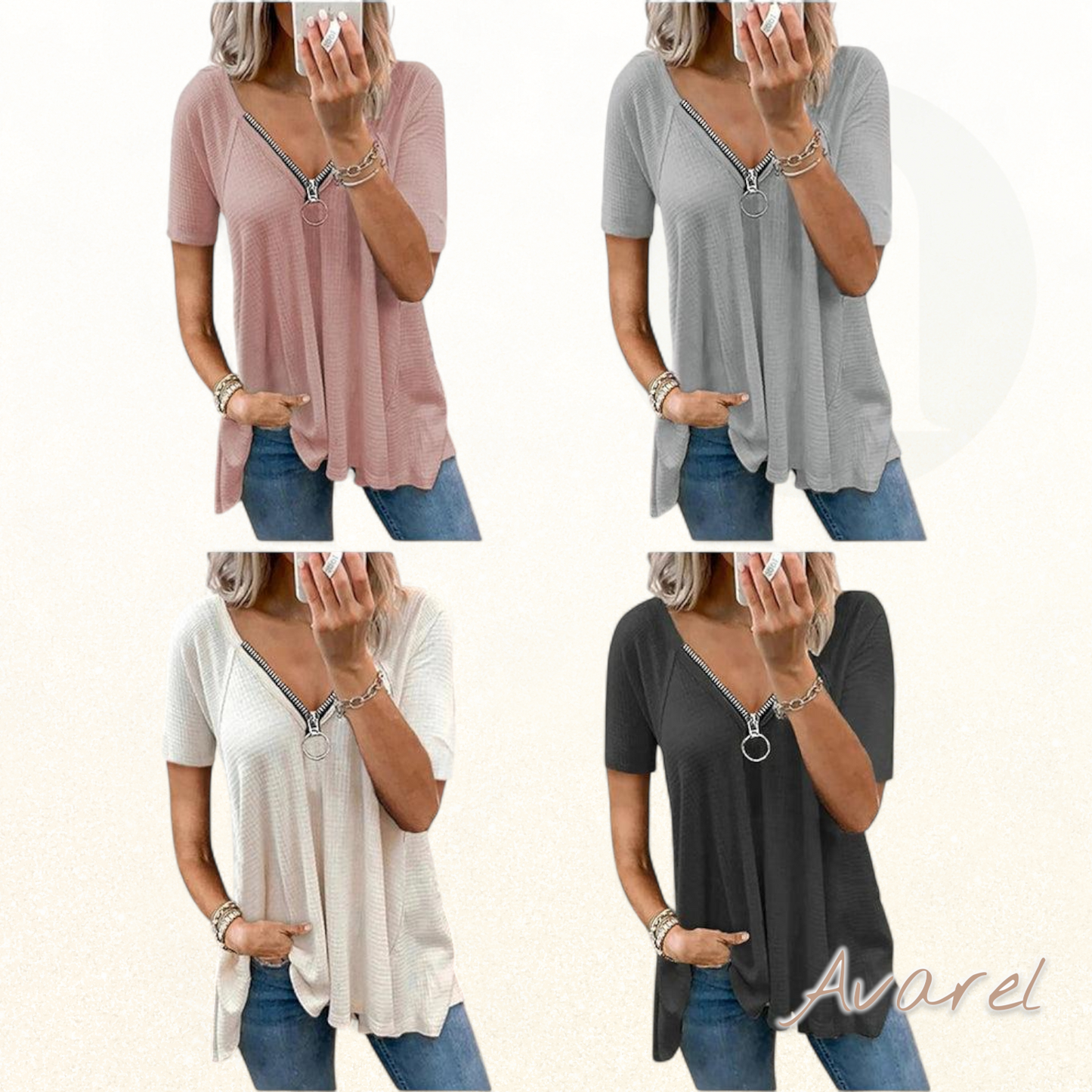 bequemes lockeres T-Shirt mit stilvollem V-Reissverschluss
