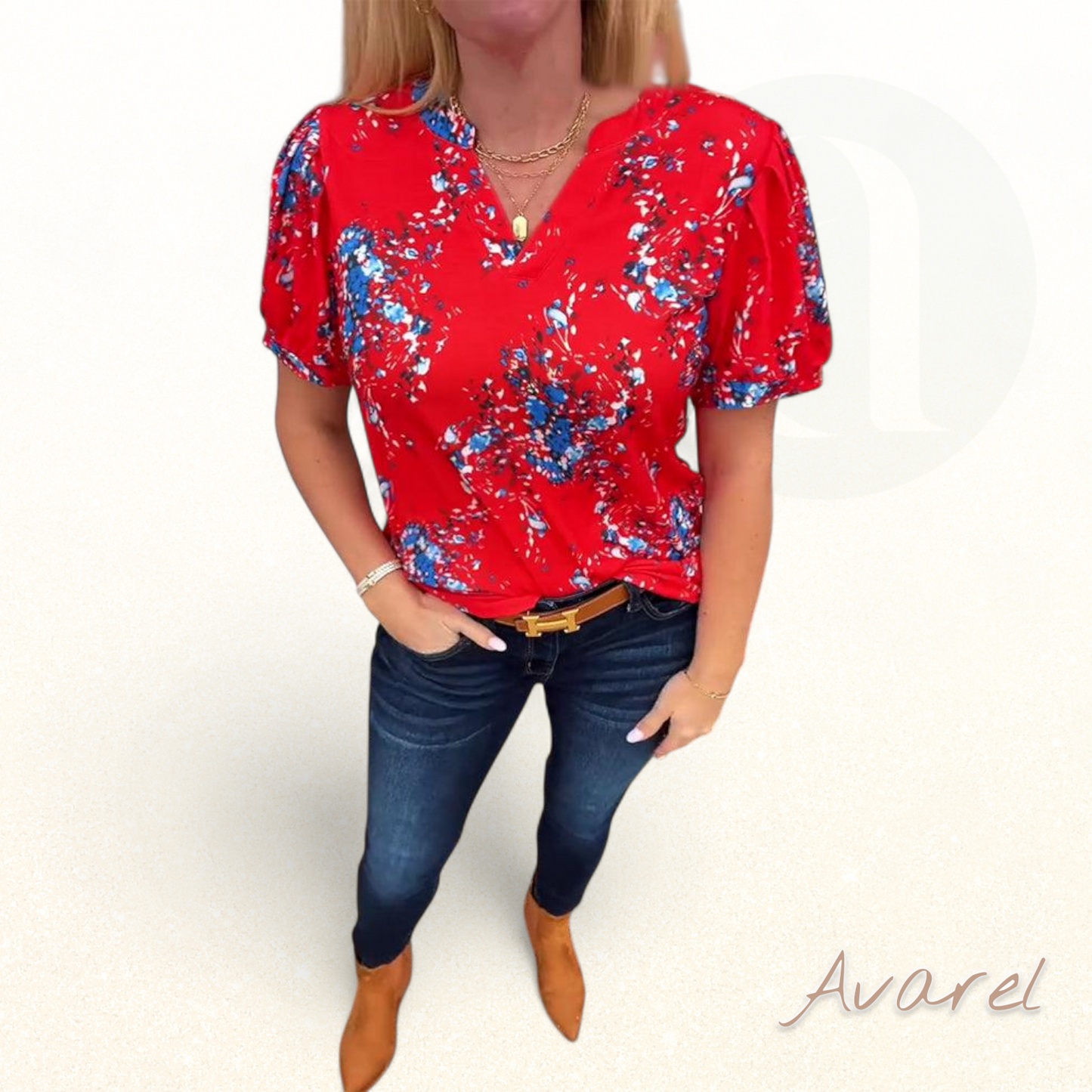 Stilvolle Damen T-Shirt mit V-Ausschnitt und Blümchenmuster, Kurzarm perfekt für de Sommer