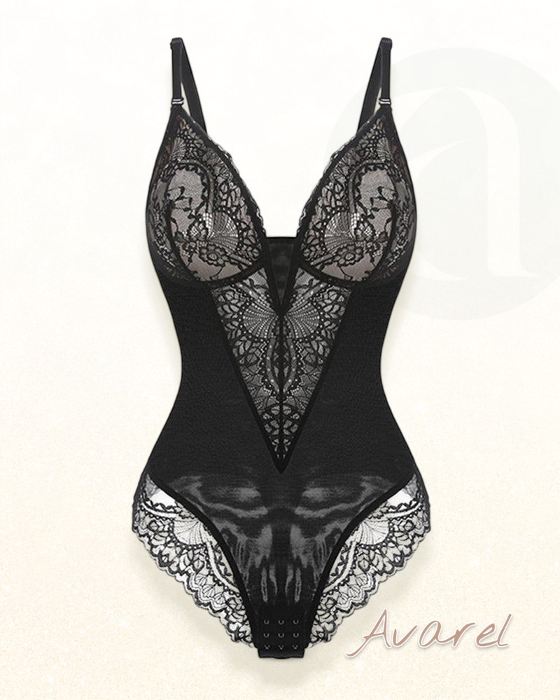 Eleganti Spitzen-Bodysuit mit tiefe V-Ausschnitt und formende Wäsche