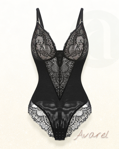 Eleganti Spitzen-Bodysuit mit tiefe V-Ausschnitt und formende Wäsche