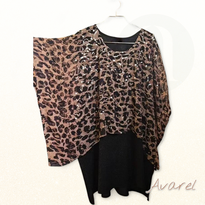 Stylischs Leopardenmuster T-Shirt mit funkelnde Paillette und elegante Fleedermausärmle