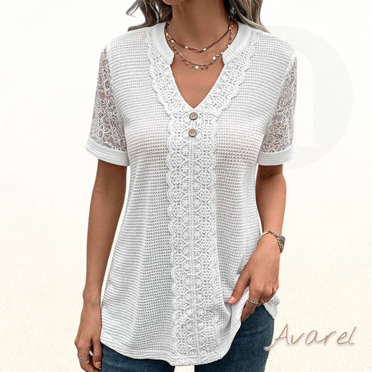 Elegantes einfarbigs Spitzen-T-Shirt mit stilvollem V-Ausschnitt