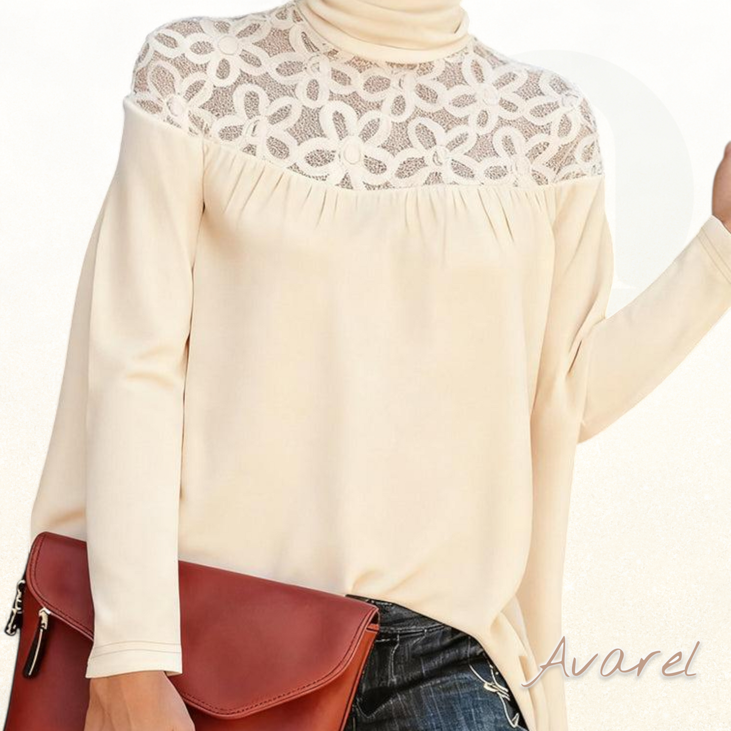 Eleganter Top mit Rollkrägen, Spitzebesatz und transparentem Strickdesign