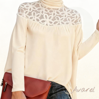 Eleganter Top mit Rollkrägen, Spitzebesatz und transparentem Strickdesign