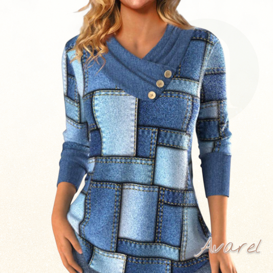 Stylisch blau Blusen mit Karomuster und schrägem Kragen für en trendige Look