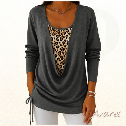 Stylisch Leopardenmuster T-Shirt mit fäärbe Zweiteilung und Schnür-Detail