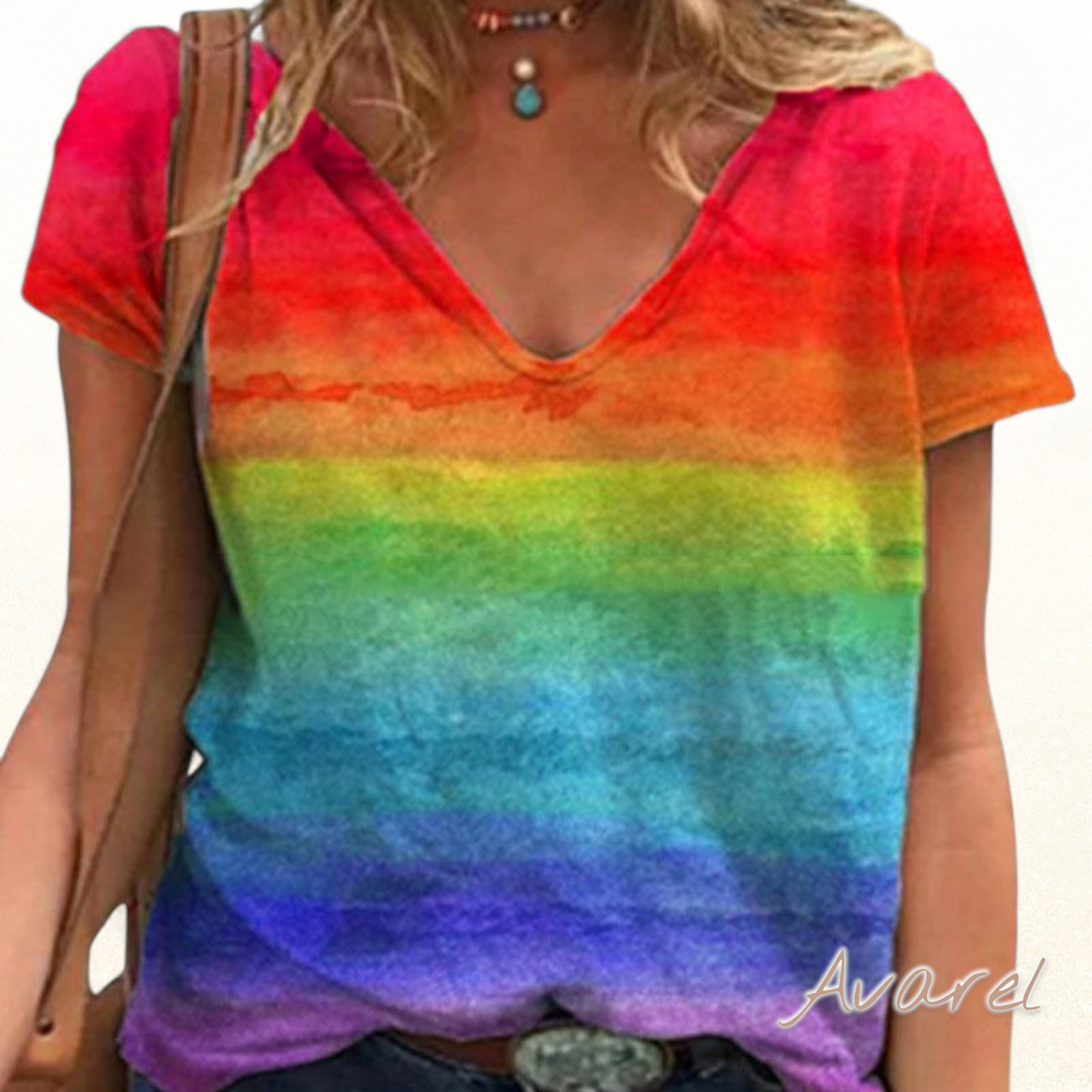 Bequemes V-Ausschnitt T-Shirt mit farbigem Regenbogen-Print für e ne lässige Look
