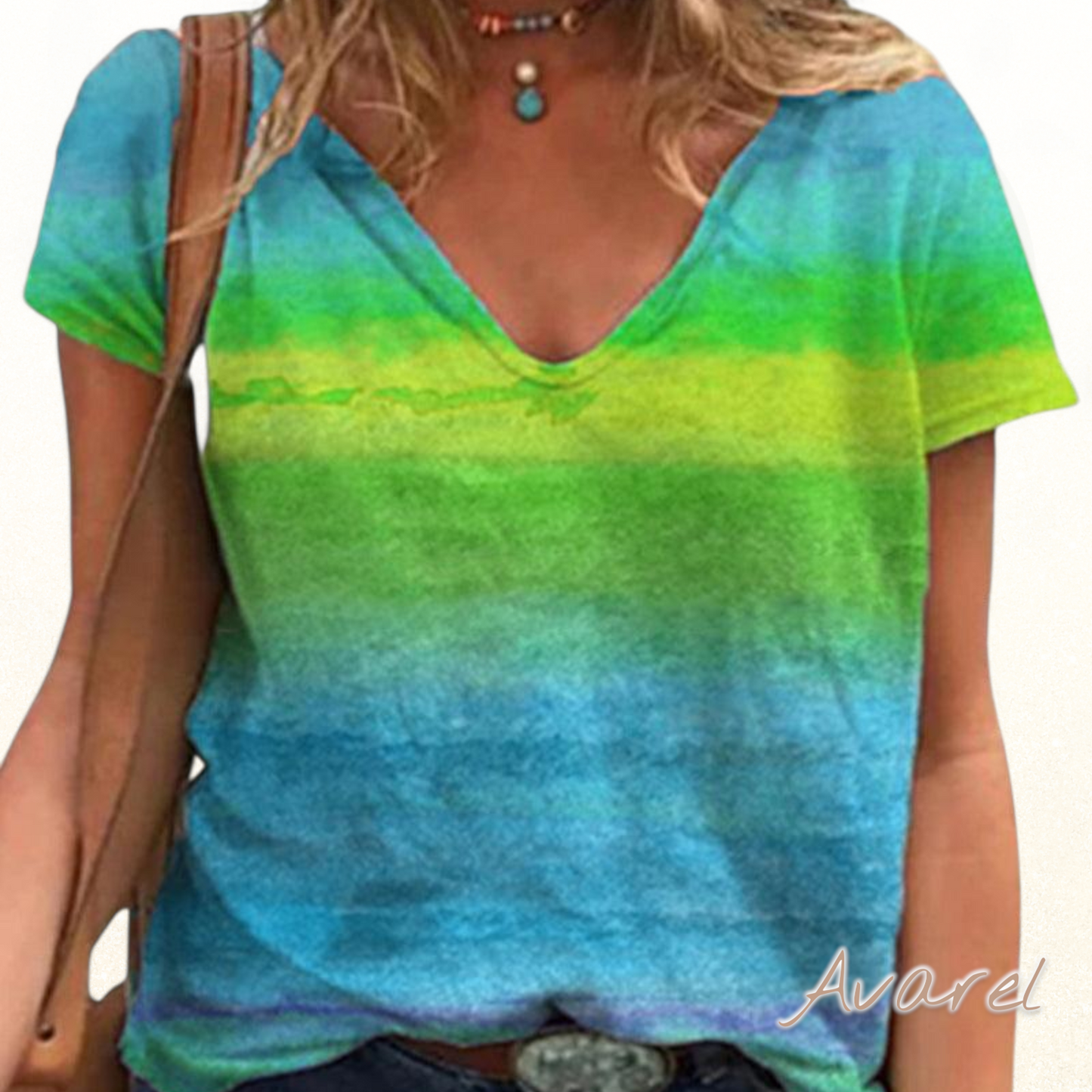 Bequemes V-Ausschnitt T-Shirt mit farbigem Regenbogen-Print für e ne lässige Look