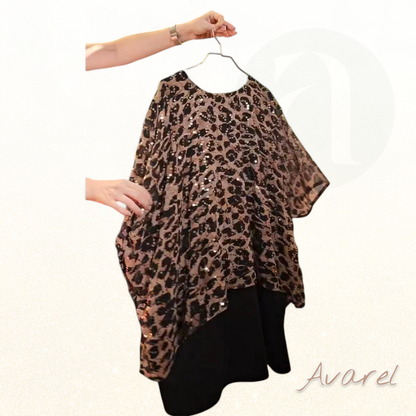 Stylischs Leopardenmuster T-Shirt mit funkelnde Paillette und elegante Fleedermausärmle