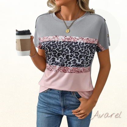 Stylischs Leopardenmuster T-Shirt mit Rundhalsausschnitt und Farbakzent