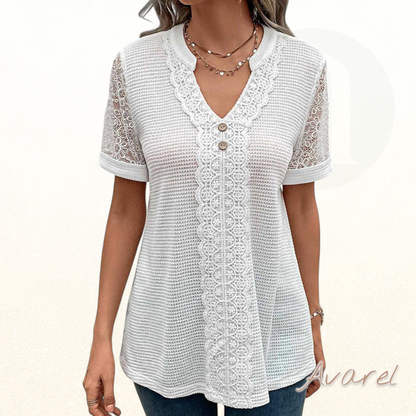 Elegantes einfarbigs Spitzen-T-Shirt mit stilvollem V-Ausschnitt