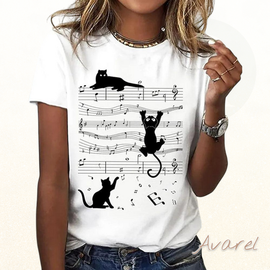 Stylischs Rundi-Hals-T-Shirt mit lässigem musikalische Katzenmotif