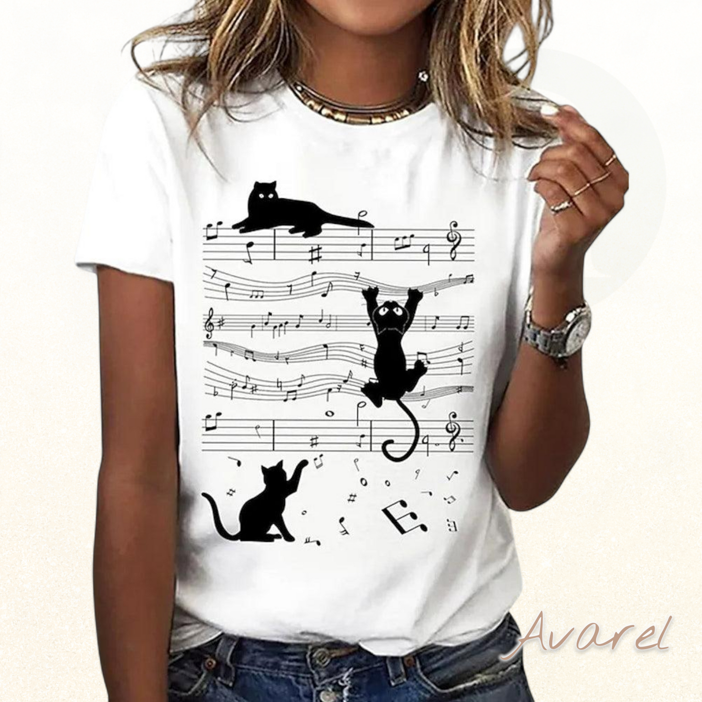 Stylischs Rundi-Hals-T-Shirt mit lässigem musikalische Katzenmotif