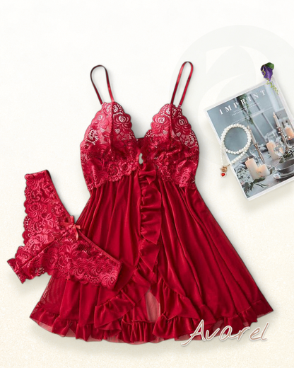 Sexy Damen Cami-Nachtkleid mit Schleifen-Dekoration und Rüschenbesatz aus Spitze