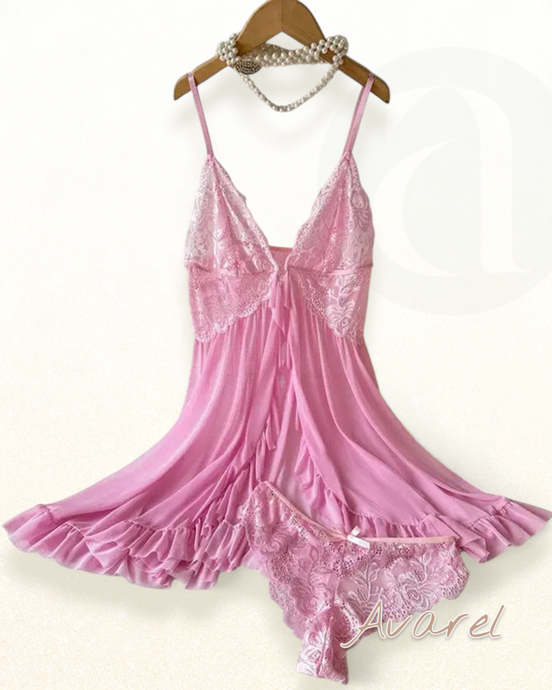 Sexy Damen Cami-Nachtkleid mit Schleifen-Dekoration und Rüschenbesatz aus Spitze