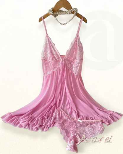 Sexy Damen Cami-Nachtkleid mit Schleifen-Dekoration und Rüschenbesatz aus Spitze