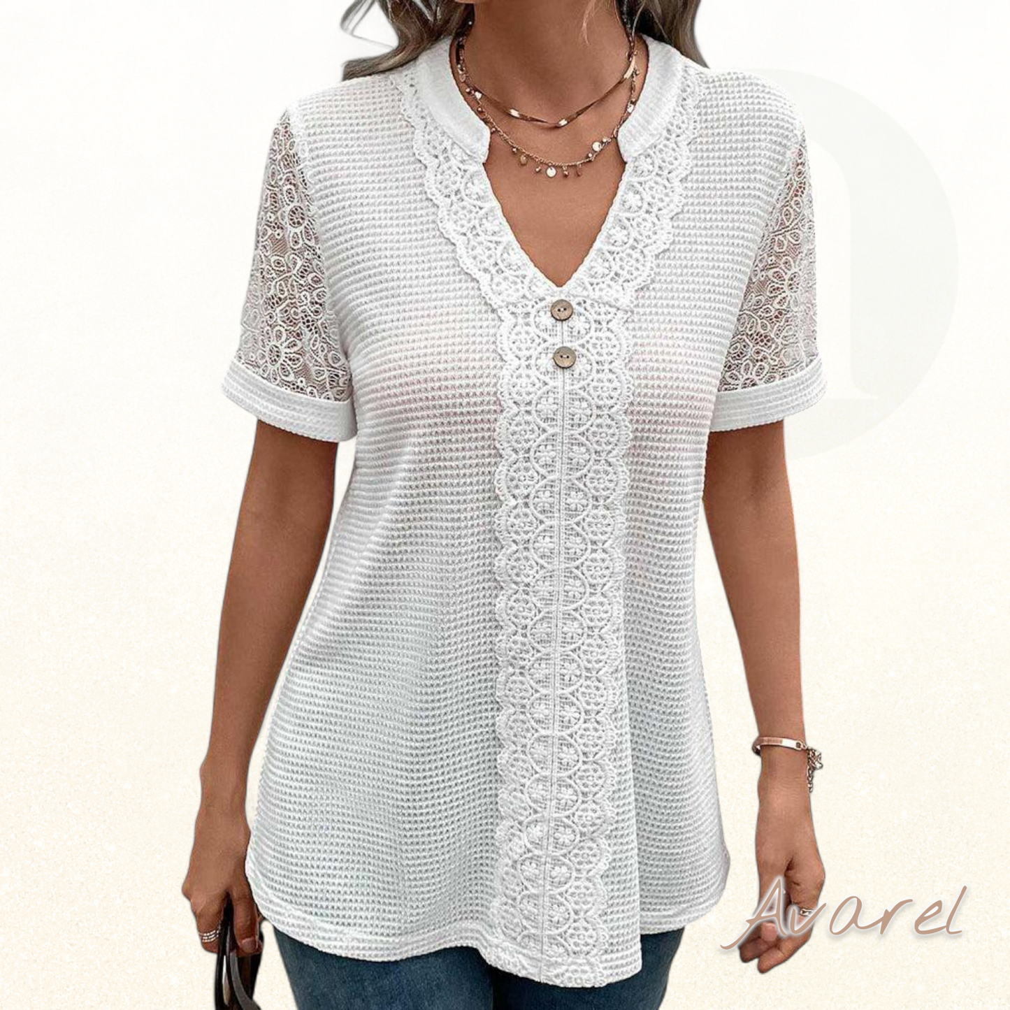 Elegantes einfarbigs Spitzen-T-Shirt mit stilvollem V-Ausschnitt