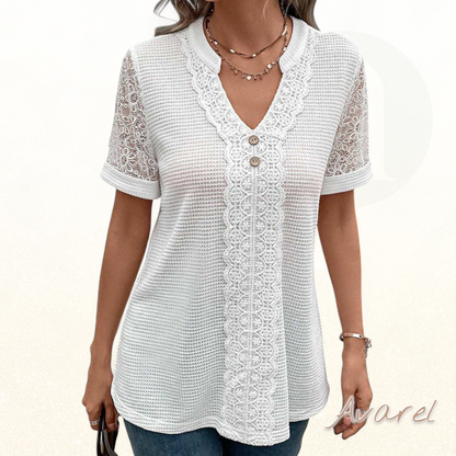 Elegantes einfarbigs Spitzen-T-Shirt mit stilvollem V-Ausschnitt