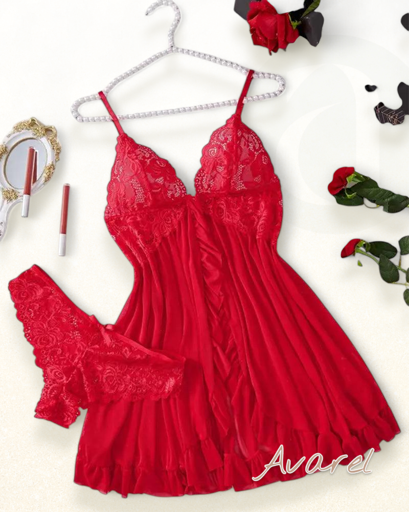 Sexy Damen Cami-Nachtkleid mit Schleifen-Dekoration und Rüschenbesatz aus Spitze