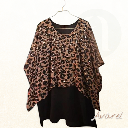 Stylischs Leopardenmuster T-Shirt mit funkelnde Paillette und elegante Fleedermausärmle