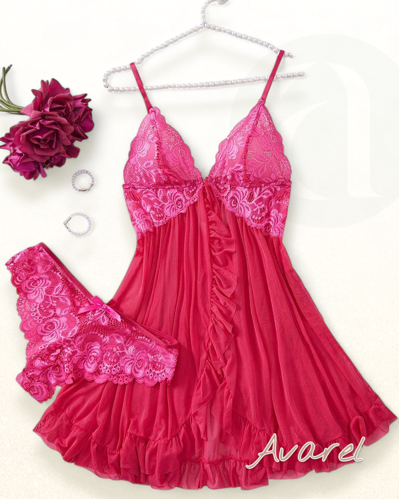 Sexy Damen Cami-Nachtkleid mit Schleifen-Dekoration und Rüschenbesatz aus Spitze