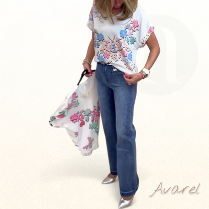 Bequemes lässigs T-Shirt mit stilvollem Blumendruck, V-Ausschnitt und churze Ärmle