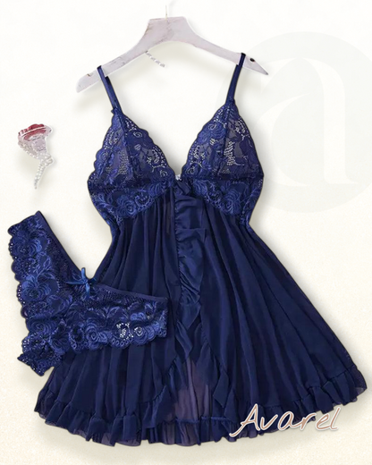 Sexy Damen Cami-Nachtkleid mit Schleifen-Dekoration und Rüschenbesatz aus Spitze