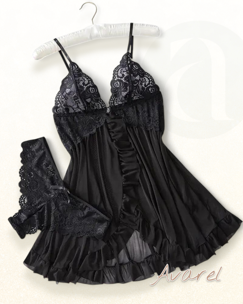 Sexy Damen Cami-Nachtkleid mit Schleifen-Dekoration und Rüschenbesatz aus Spitze