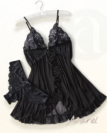 Sexy Damen Cami-Nachtkleid mit Schleifen-Dekoration und Rüschenbesatz aus Spitze