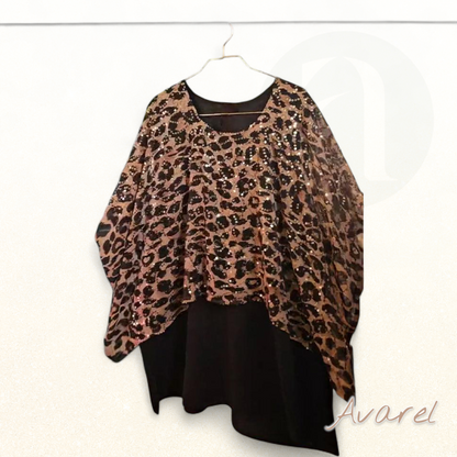 Stylischs Leopardenmuster T-Shirt mit funkelnde Paillette und elegante Fleedermausärmle