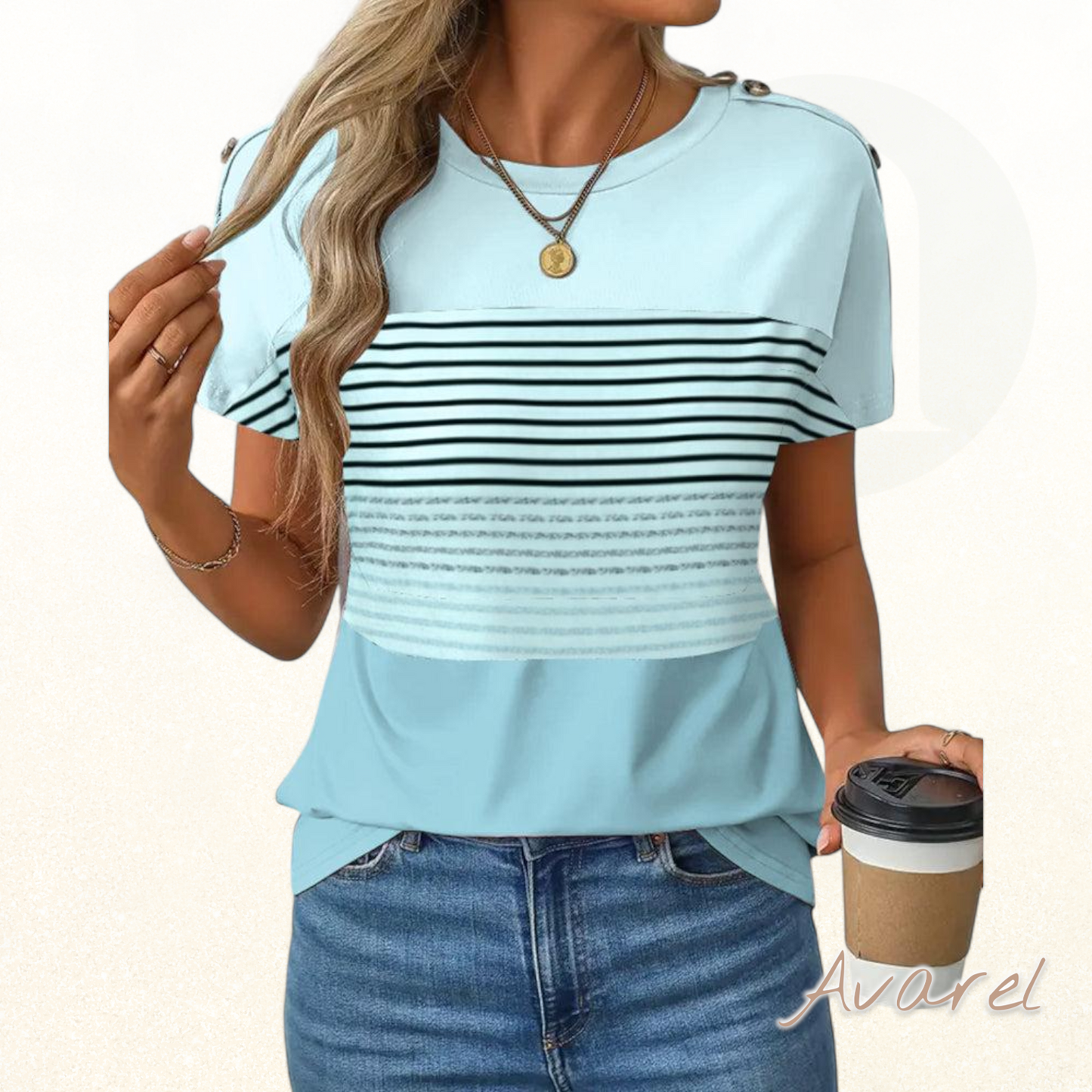 Stilvolles kürzärmeliges Streifen-T-Shirt mit auffälligem Druck