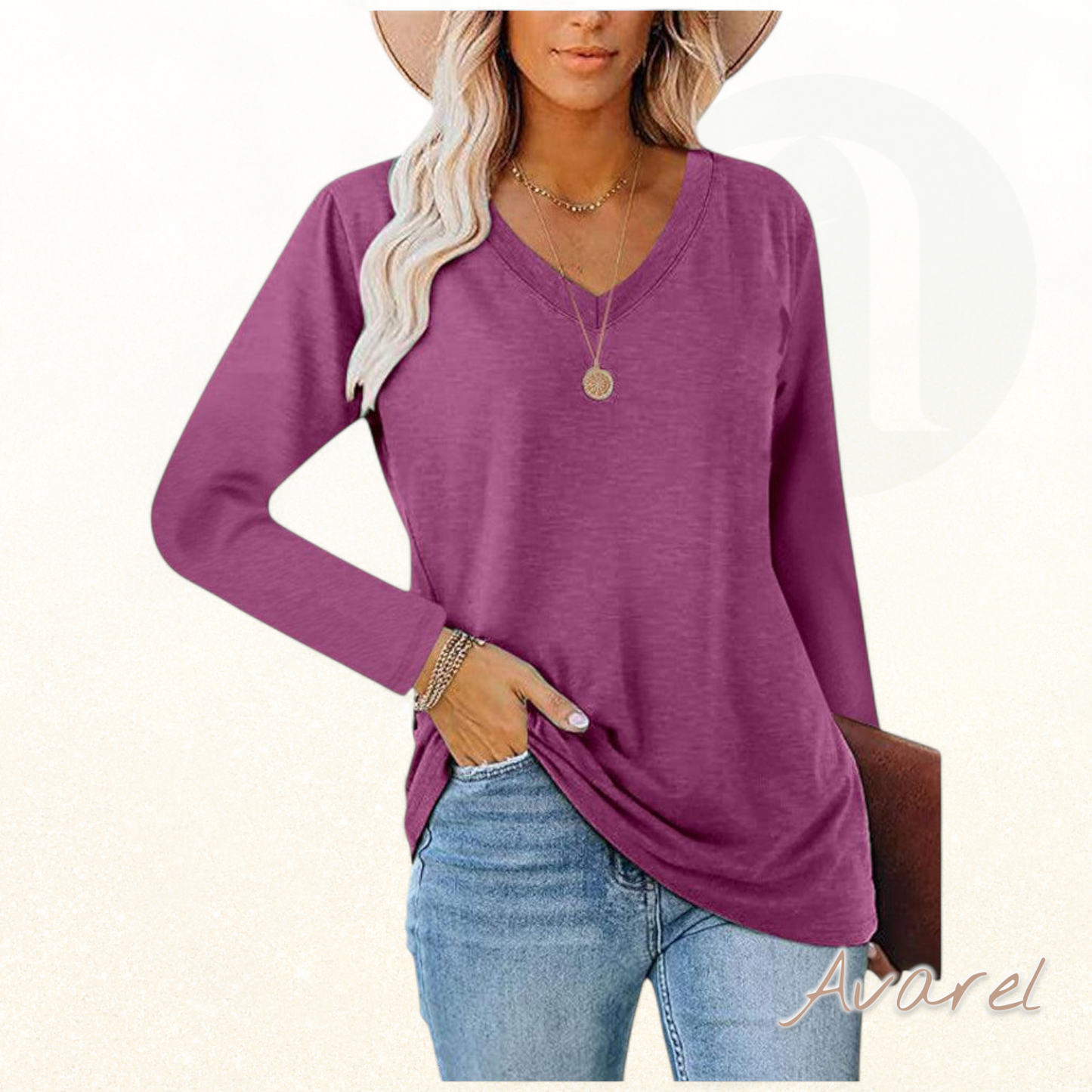 Stilvolls einfarbigs Langarm-Shirt mit eleganten V-Ausschnitt