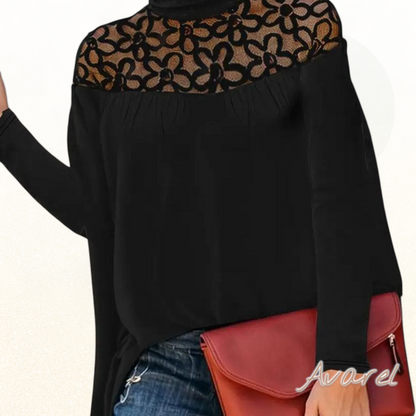 Eleganter Top mit Rollkrägen, Spitzebesatz und transparentem Strickdesign