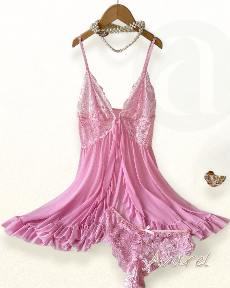 Sexy Damen Cami-Nachtkleid mit Schleifen-Dekoration und Rüschenbesatz aus Spitze