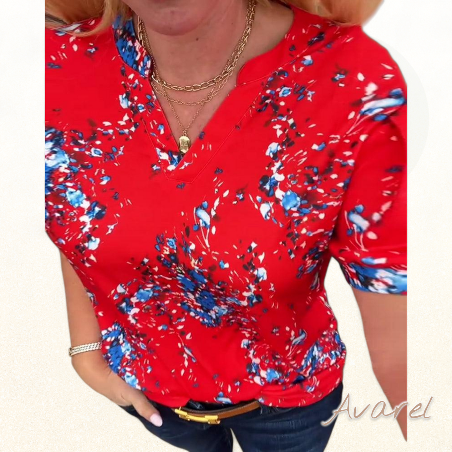 Stilvolle Damen T-Shirt mit V-Ausschnitt und Blümchenmuster, Kurzarm perfekt für de Sommer